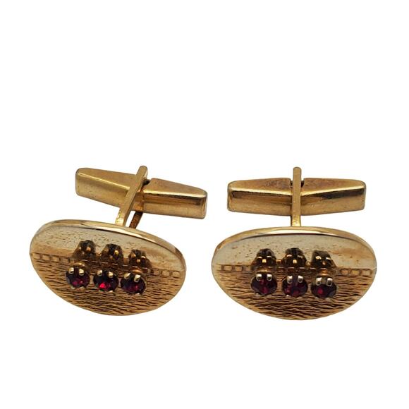 Retro Red Crystal Oval Cufflinks Gold Tone MCM Brushed Polished Metal Jewelry - Picture 5 of 9